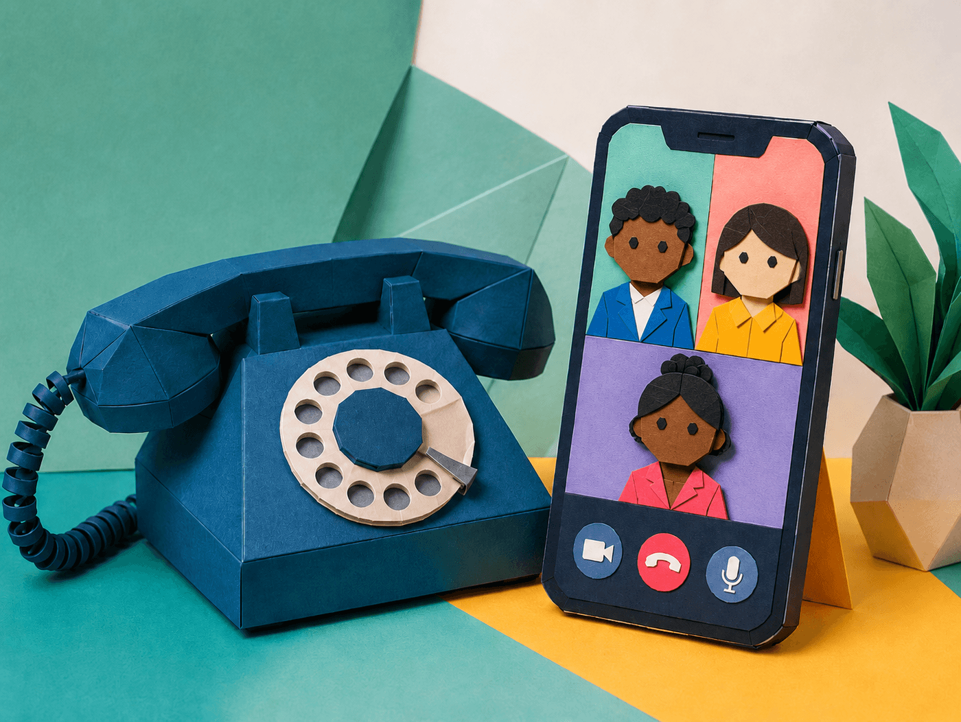 Origami papercraft of a blue rotary telephone beside a smartphone showing a video call with three people