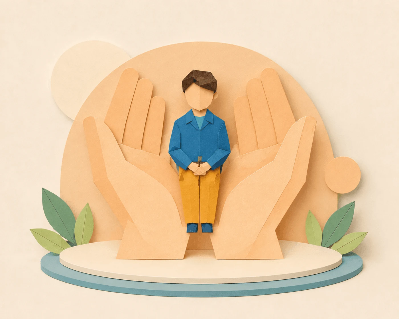 Origami papercraft illustration of two large cupped hands sheltering a person standing on a plinth, framed by leaves