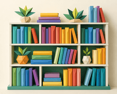 Origami papercraft bookshelf filled with colourful books and plants